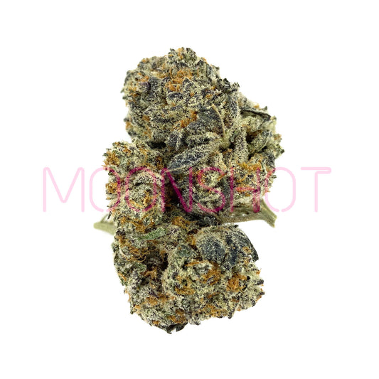 A nug of cannabis flower from the Oreoz strain sits against a white background.