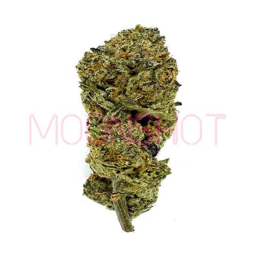 A nug of cannabis flower from the Papaya Bomb strain sits against a white background.