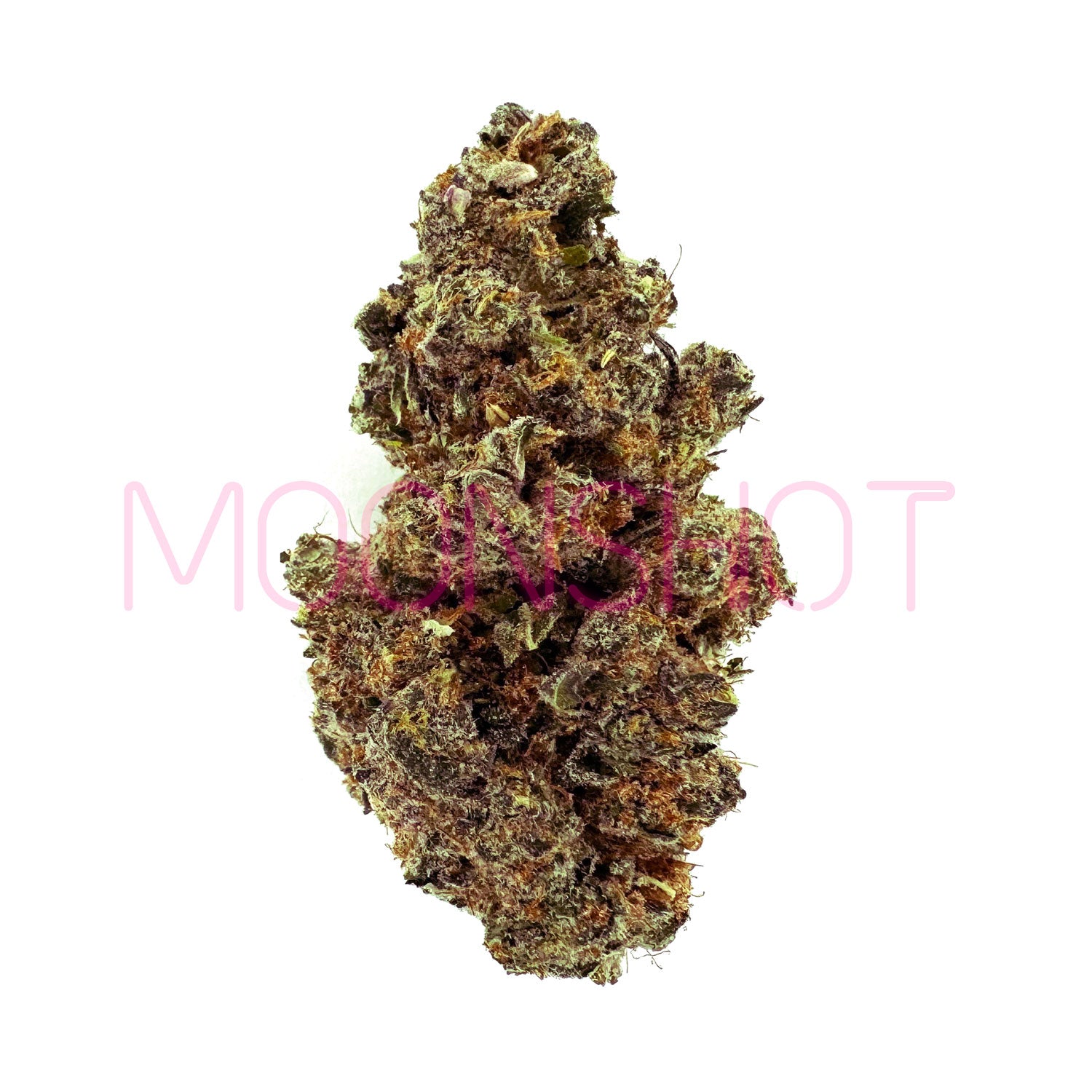 A nug of cannabis flower from the Peaches & Cream strain sits against a white background.